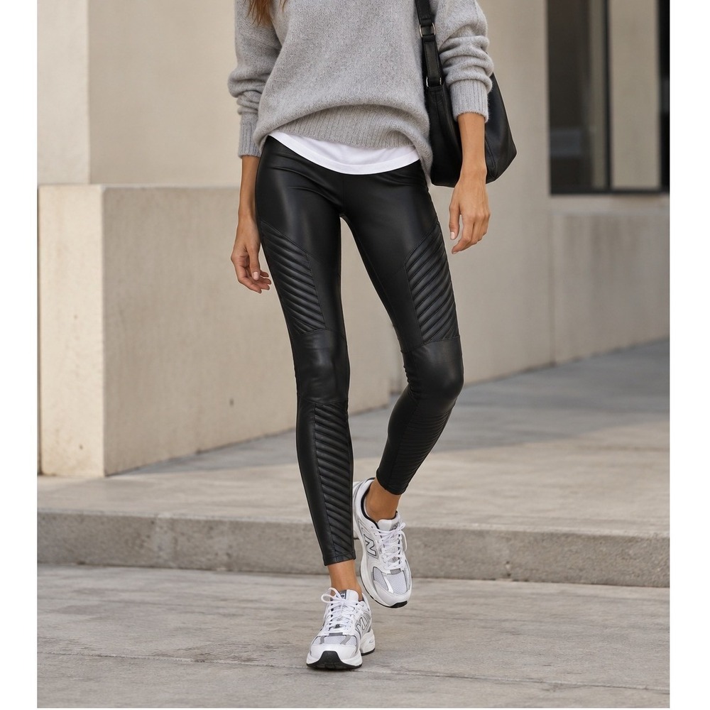 SPANX Faux Leather Moto Leggings Women's Small Black High Compression Sculpted